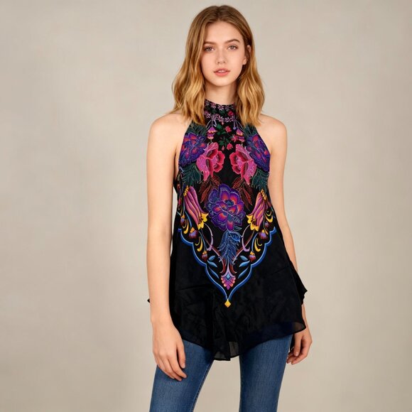 Johnny Was Tops - NWT Johnny Was Jade Women's Devi Silk Blend Halter Floral Blouse Size M